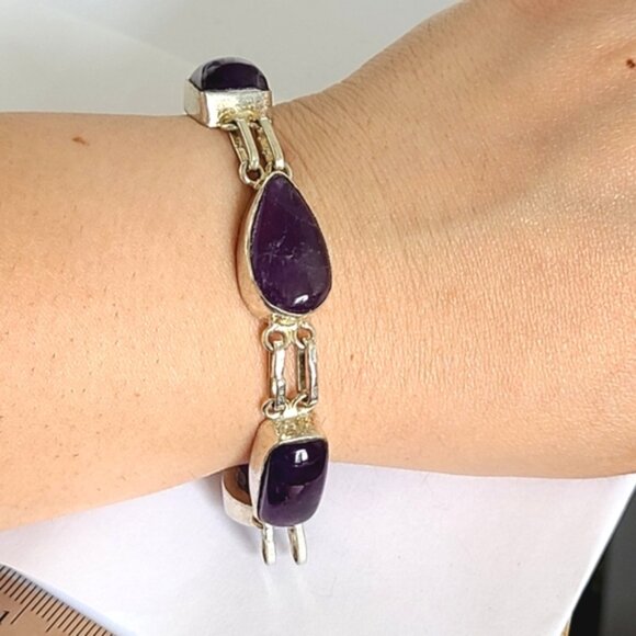Vintage Boho Purple Amethyst Gemstone Chunky Sterling Silver Chain Bracelet - Picture 7 of 9